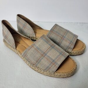 Born Seak Drilles Plaid Espadrille Sandals Tan Blue Womens 9M Open Toe Flat